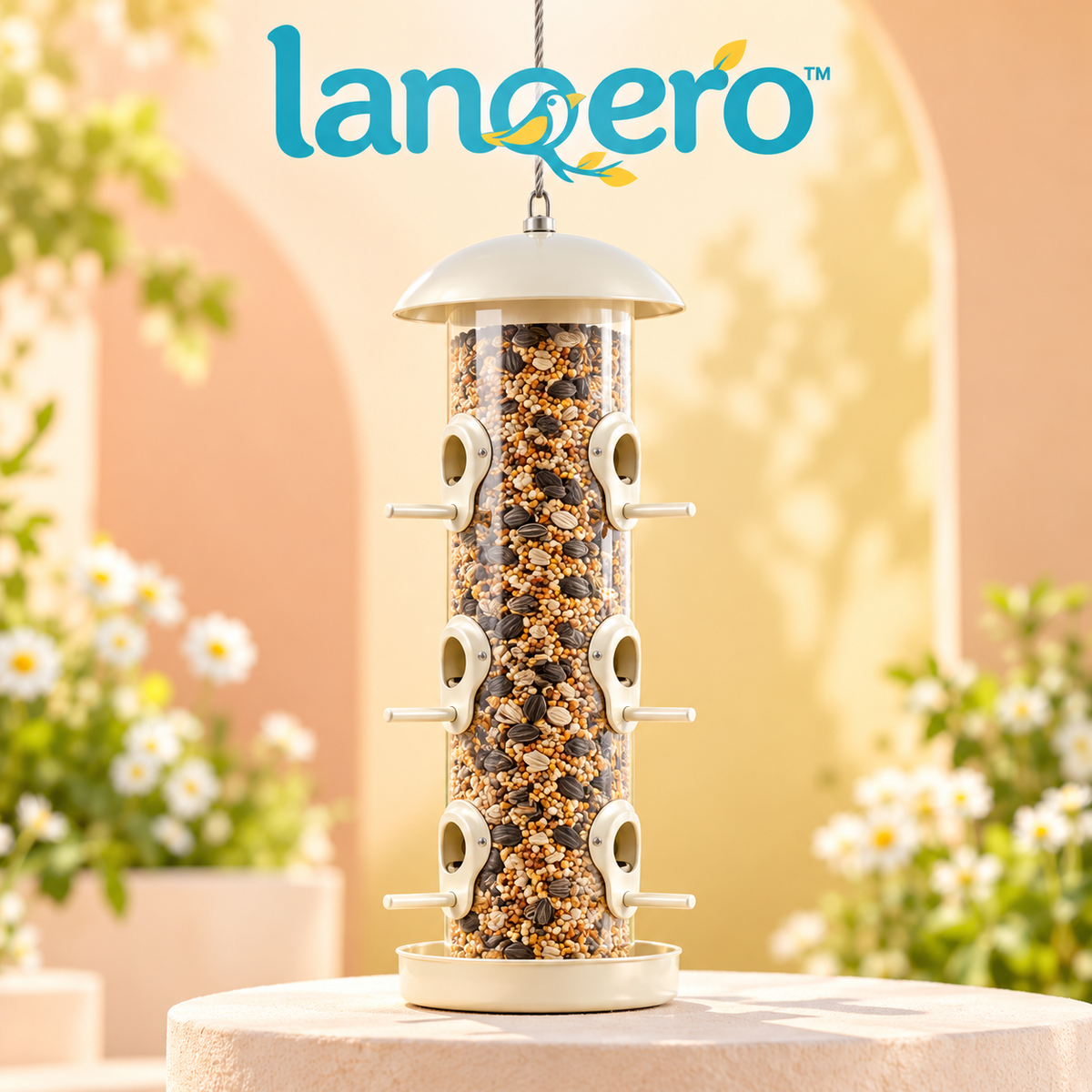 lanqero™ Seedline 6-Port Hanging Tube Bird Feeder, 2 lb Seed Capacity, Clear Reservoir & Removable Base for Backyard Wild Birds