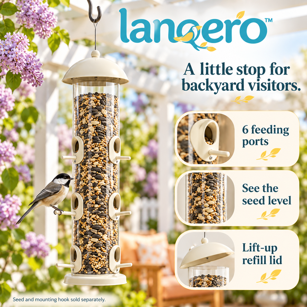 lanqero™ Seedline 6-Port Hanging Tube Bird Feeder, 2 lb Seed Capacity, Clear Reservoir & Removable Base for Backyard Wild Birds