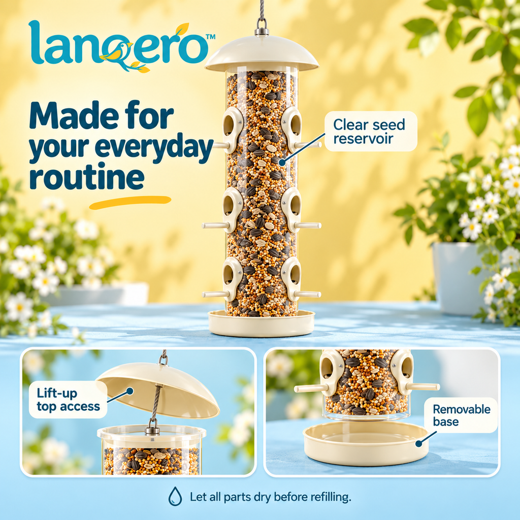 lanqero™ Seedline 6-Port Hanging Tube Bird Feeder, 2 lb Seed Capacity, Clear Reservoir & Removable Base for Backyard Wild Birds