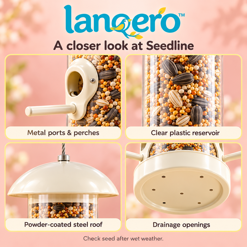 lanqero™ Seedline 6-Port Hanging Tube Bird Feeder, 2 lb Seed Capacity, Clear Reservoir & Removable Base for Backyard Wild Birds