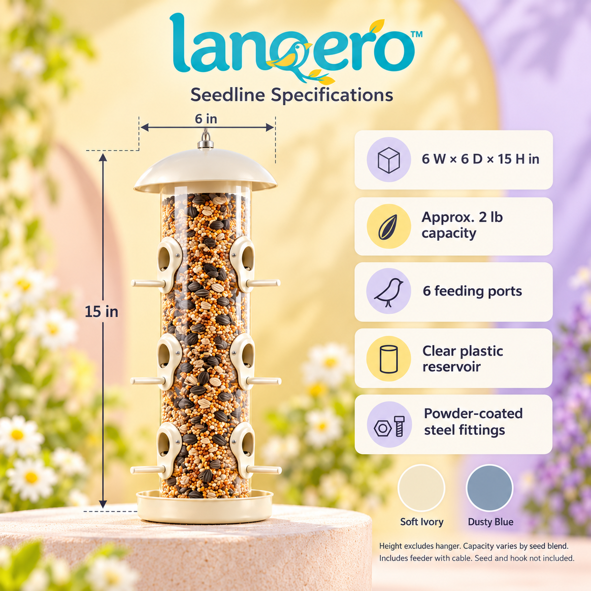 lanqero™ Seedline 6-Port Hanging Tube Bird Feeder, 2 lb Seed Capacity, Clear Reservoir & Removable Base for Backyard Wild Birds