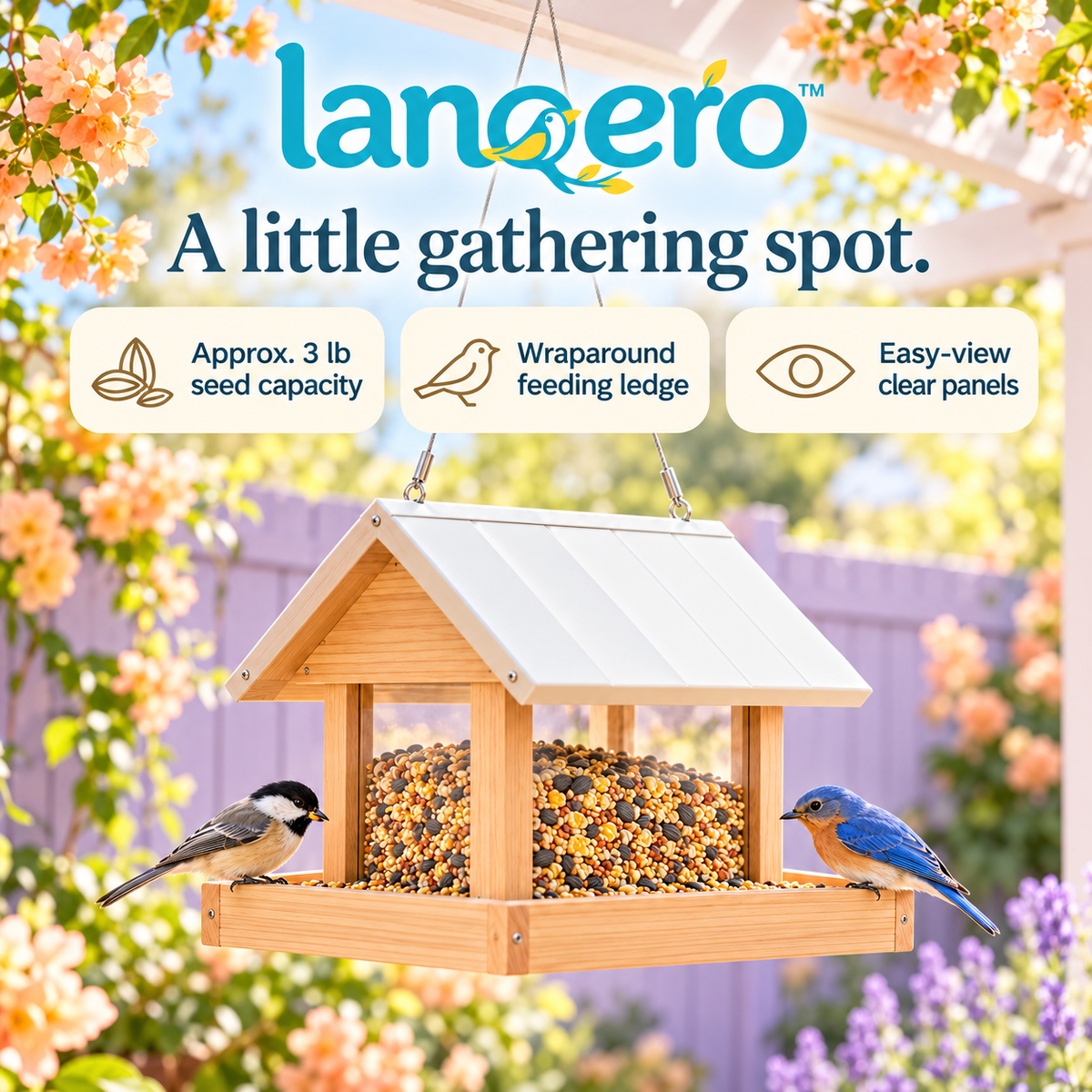 lanqero™ GableGather Hanging Hopper Bird Feeder, 3 lb Seed Capacity, Covered Feeding Tray & Clear Side Panels