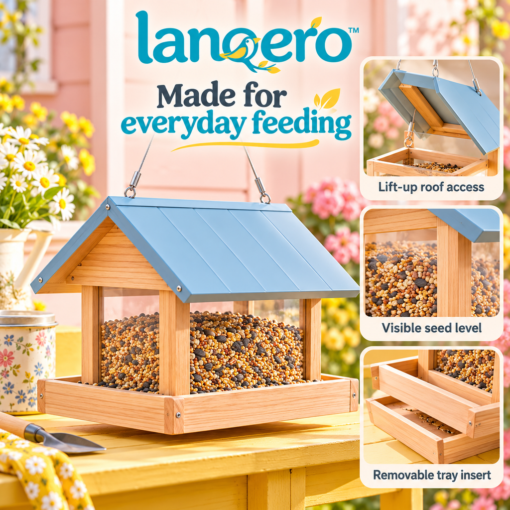 lanqero™ GableGather Hanging Hopper Bird Feeder, 3 lb Seed Capacity, Covered Feeding Tray & Clear Side Panels