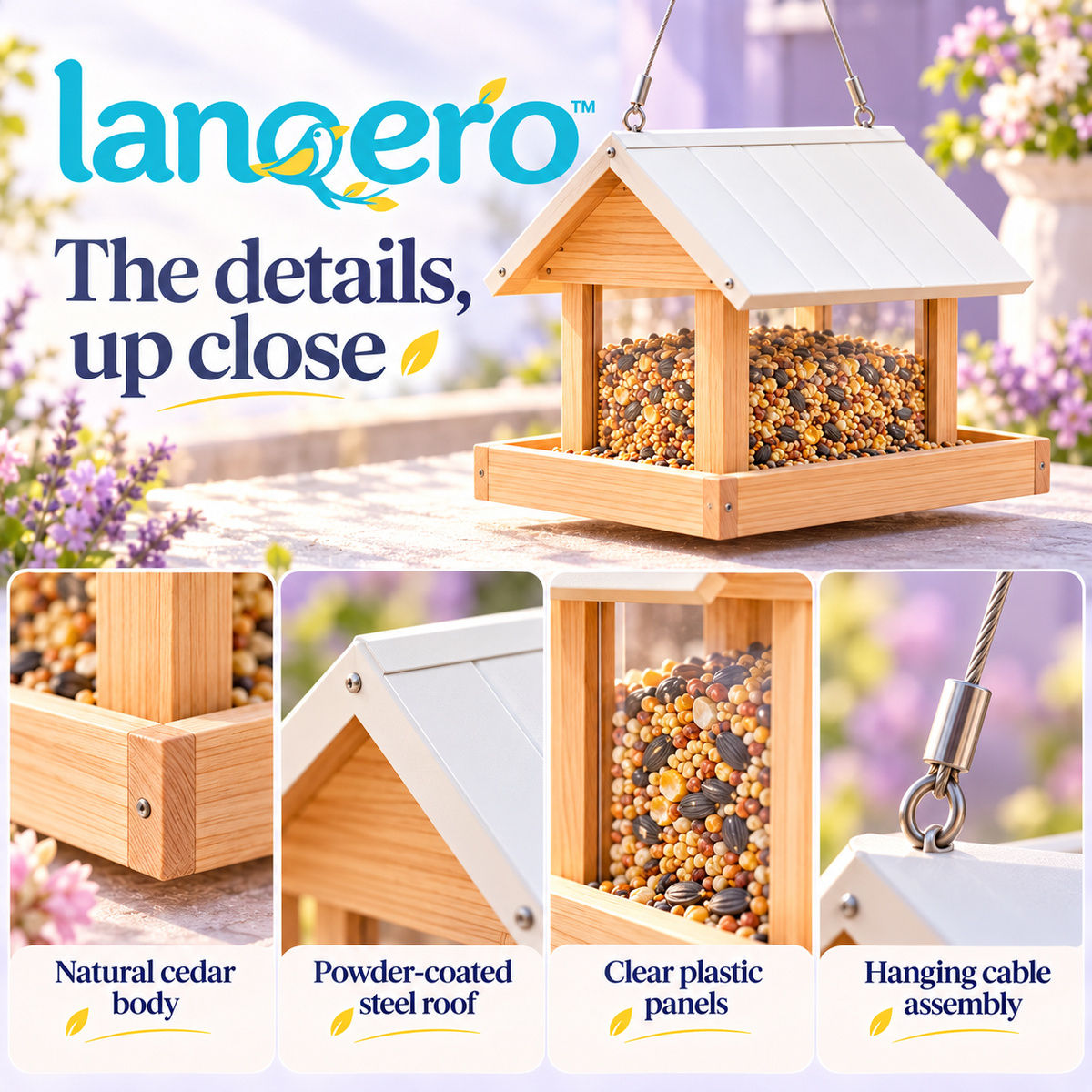 lanqero™ GableGather Hanging Hopper Bird Feeder, 3 lb Seed Capacity, Covered Feeding Tray & Clear Side Panels