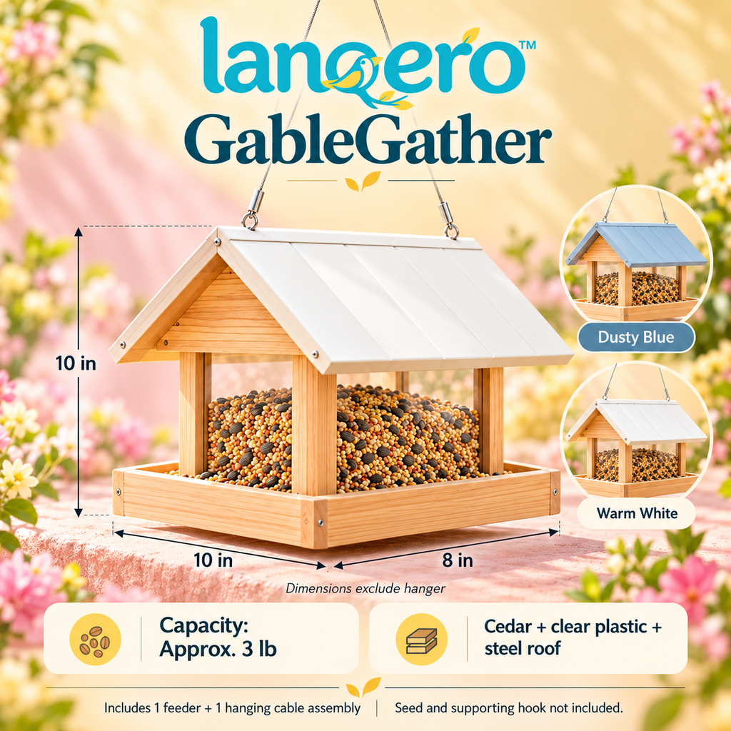 lanqero™ GableGather Hanging Hopper Bird Feeder, 3 lb Seed Capacity, Covered Feeding Tray & Clear Side Panels