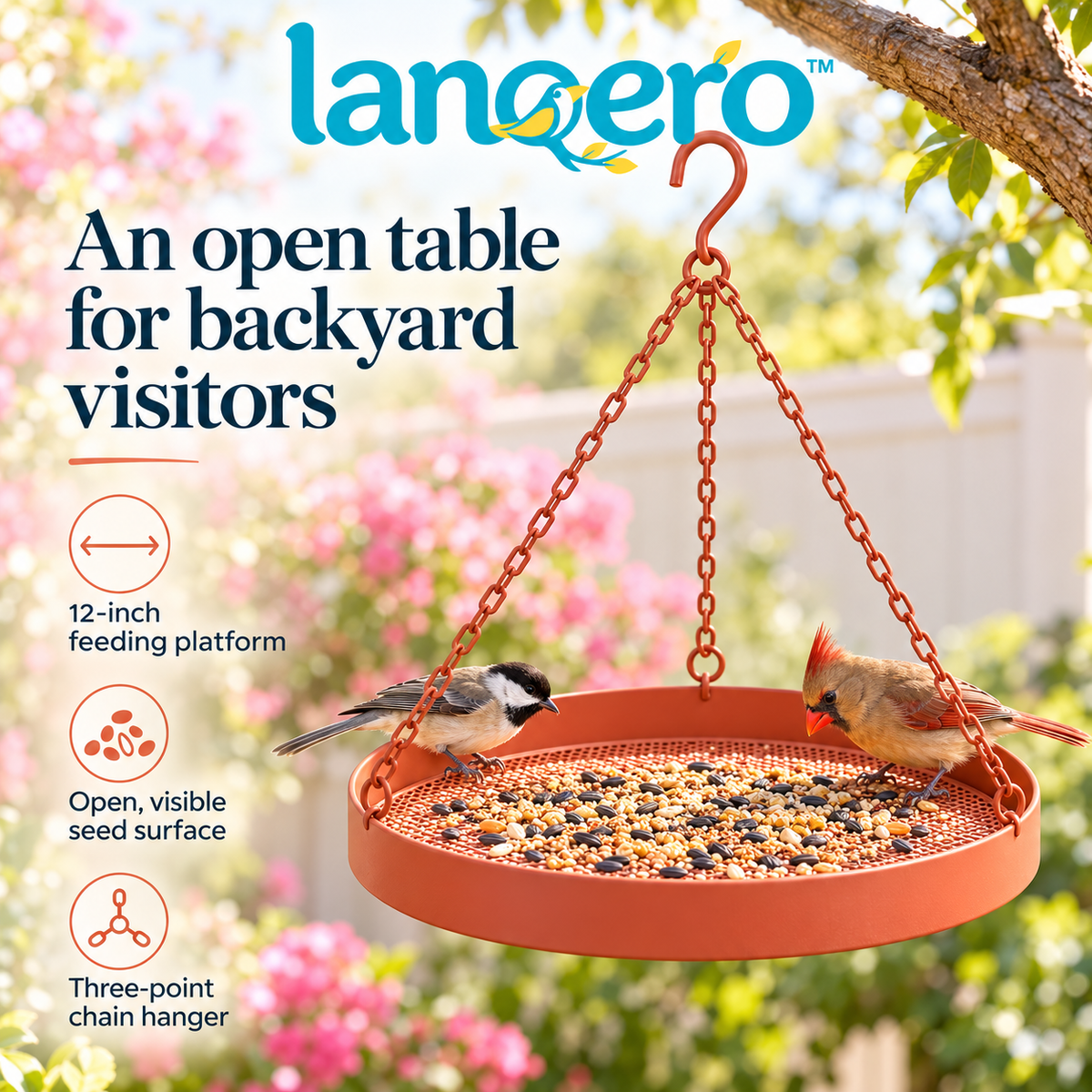 lanqero™ OpenCircle Hanging Platform Bird Feeder, 12-Inch Metal Mesh Seed Tray with 3-Point Chain Hanger