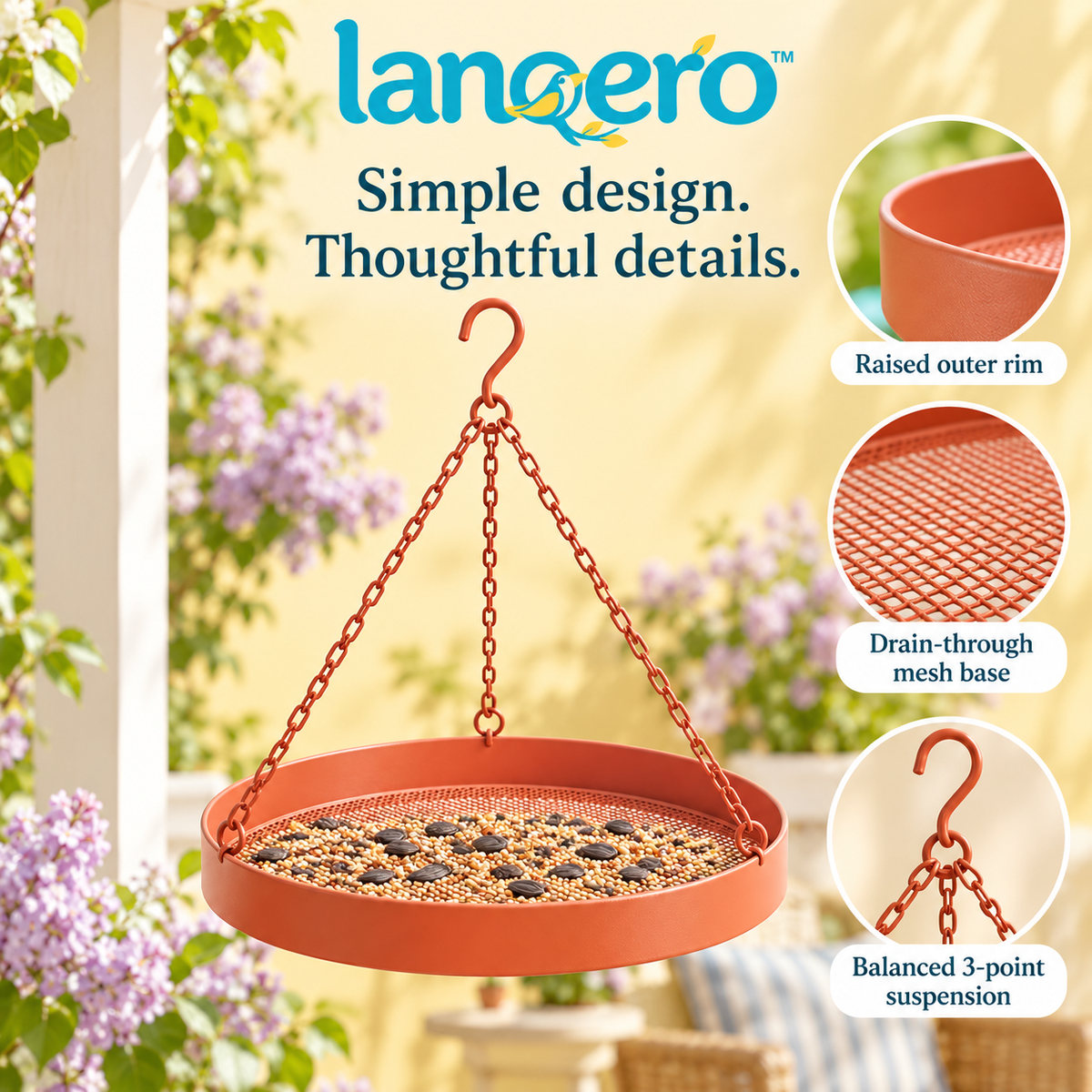 lanqero™ OpenCircle Hanging Platform Bird Feeder, 12-Inch Metal Mesh Seed Tray with 3-Point Chain Hanger