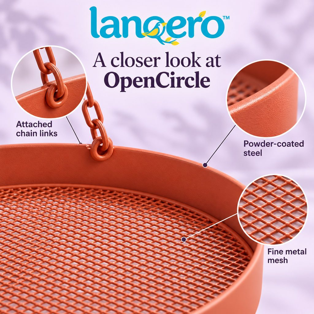 lanqero™ OpenCircle Hanging Platform Bird Feeder, 12-Inch Metal Mesh Seed Tray with 3-Point Chain Hanger