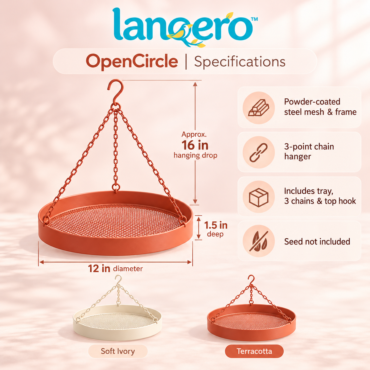 lanqero™ OpenCircle Hanging Platform Bird Feeder, 12-Inch Metal Mesh Seed Tray with 3-Point Chain Hanger