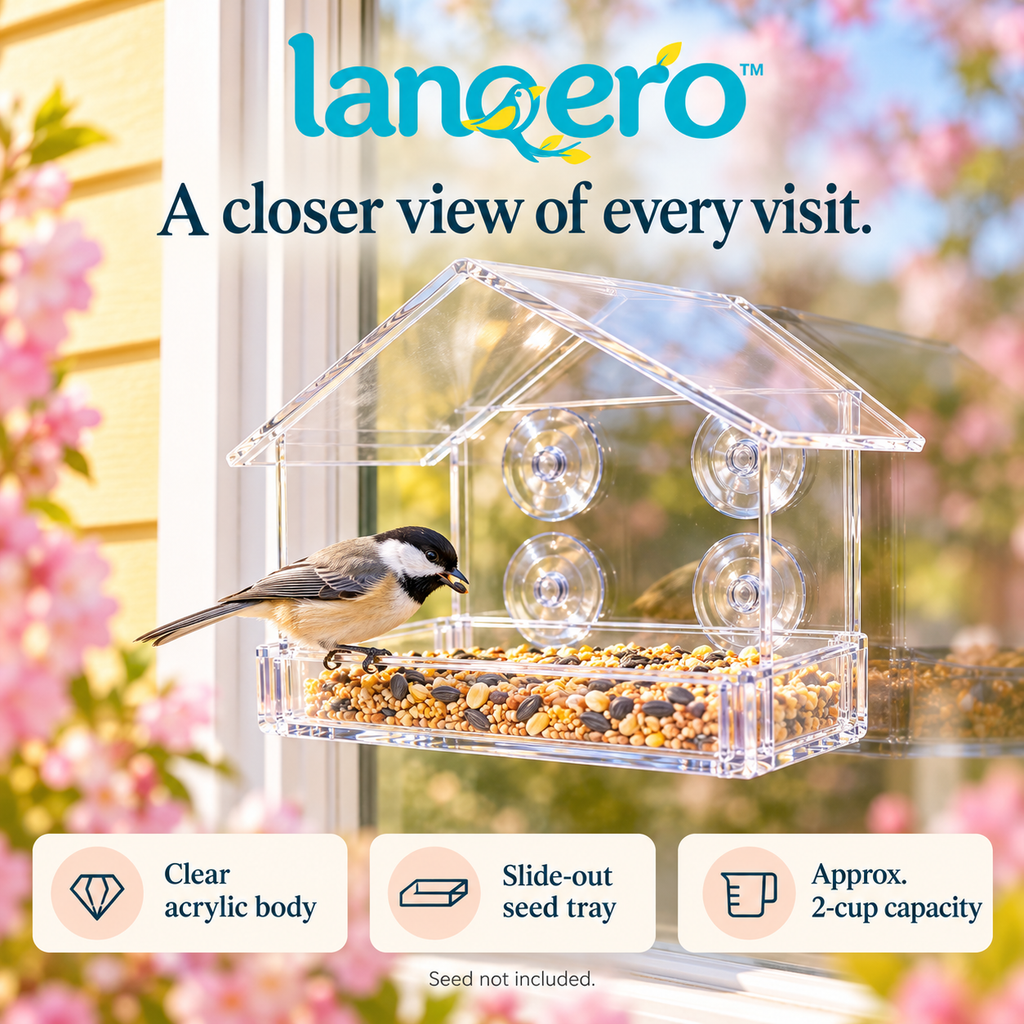 lanqero™ WindowNook Clear Window Bird Feeder, Removable 2-Cup Seed Tray, Drainage Holes & Suction-Cup Mount