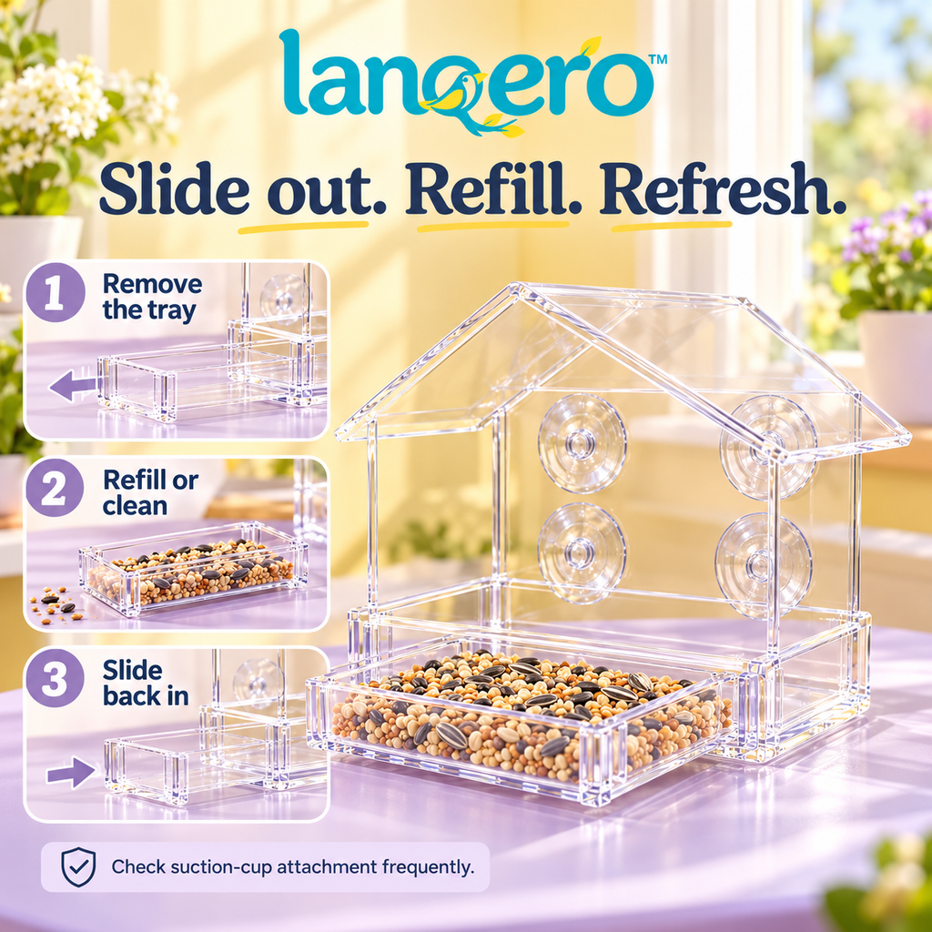 lanqero™ WindowNook Clear Window Bird Feeder, Removable 2-Cup Seed Tray, Drainage Holes & Suction-Cup Mount
