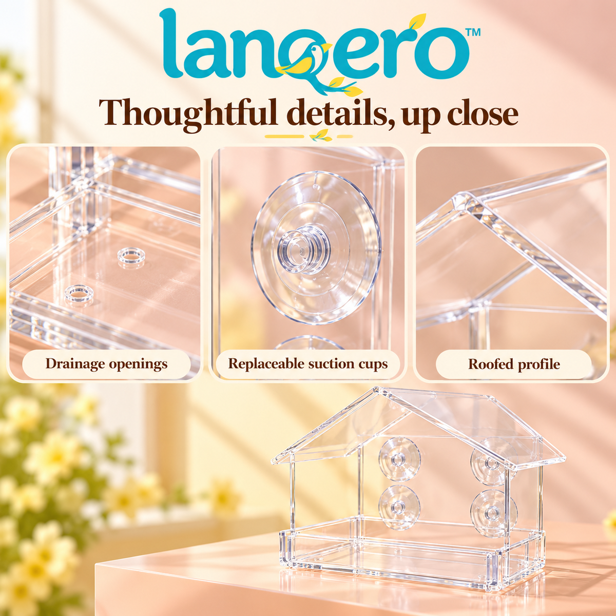 lanqero™ WindowNook Clear Window Bird Feeder, Removable 2-Cup Seed Tray, Drainage Holes & Suction-Cup Mount