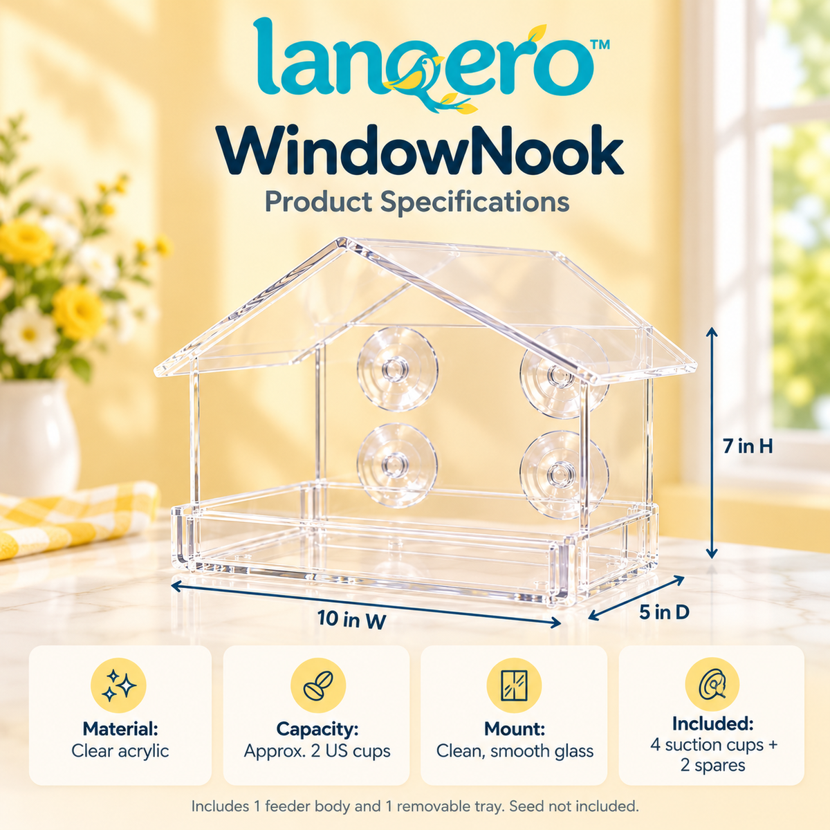 lanqero™ WindowNook Clear Window Bird Feeder, Removable 2-Cup Seed Tray, Drainage Holes & Suction-Cup Mount