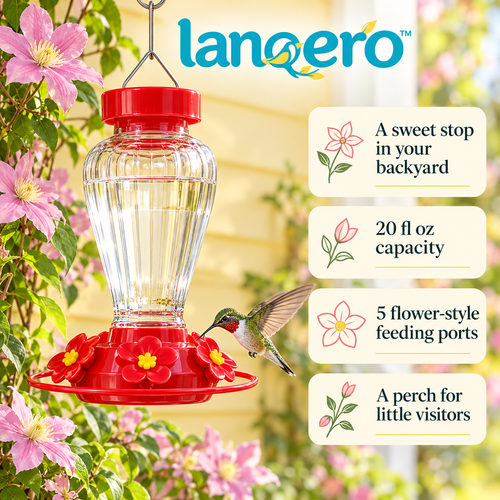 lanqero™ BloomSip Glass Hummingbird Feeder, 20 fl oz Nectar Capacity, 5 Flower Ports & Built-In Ant Moat