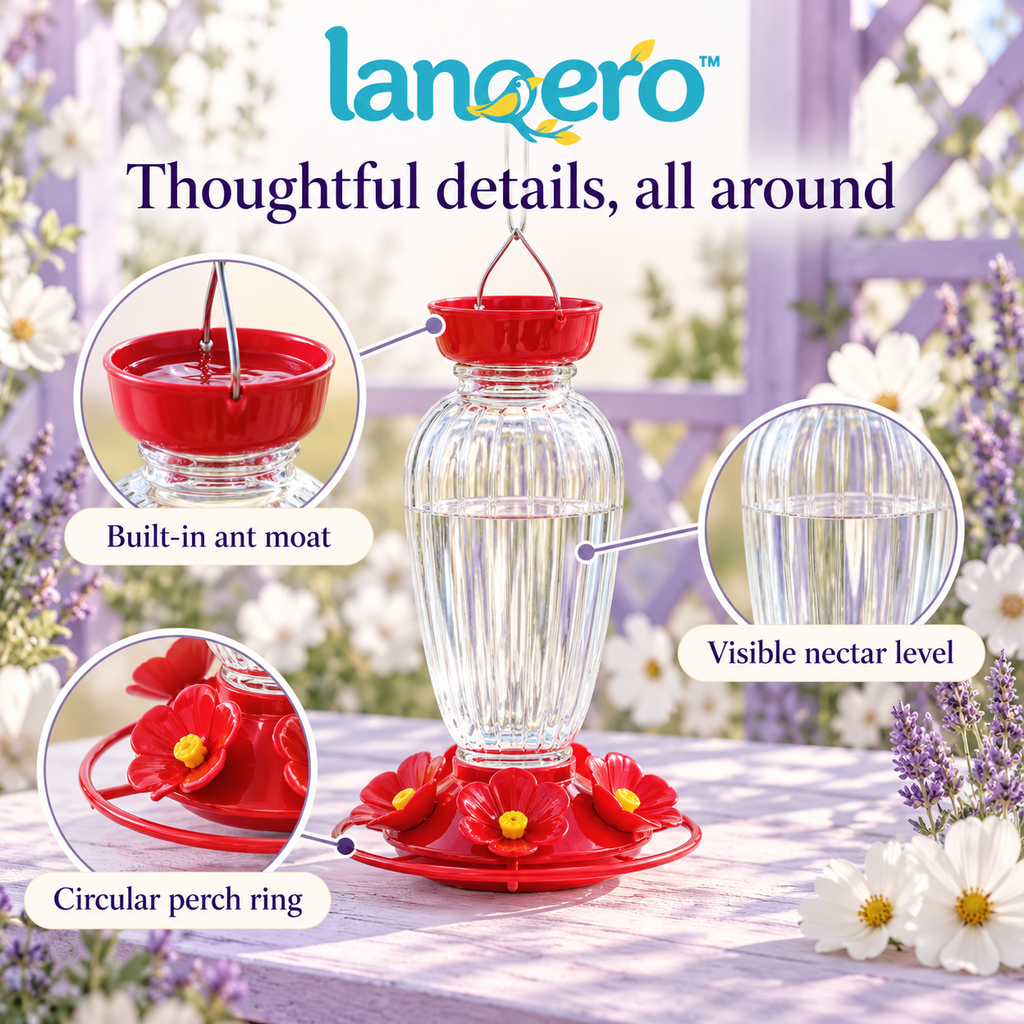lanqero™ BloomSip Glass Hummingbird Feeder, 20 fl oz Nectar Capacity, 5 Flower Ports & Built-In Ant Moat