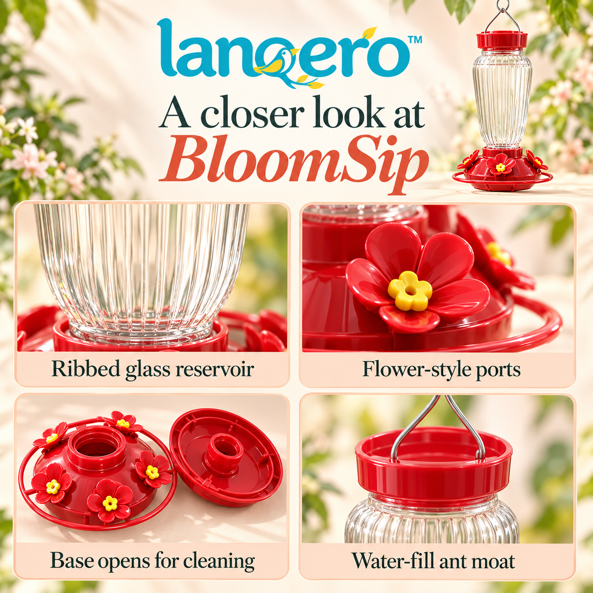 lanqero™ BloomSip Glass Hummingbird Feeder, 20 fl oz Nectar Capacity, 5 Flower Ports & Built-In Ant Moat