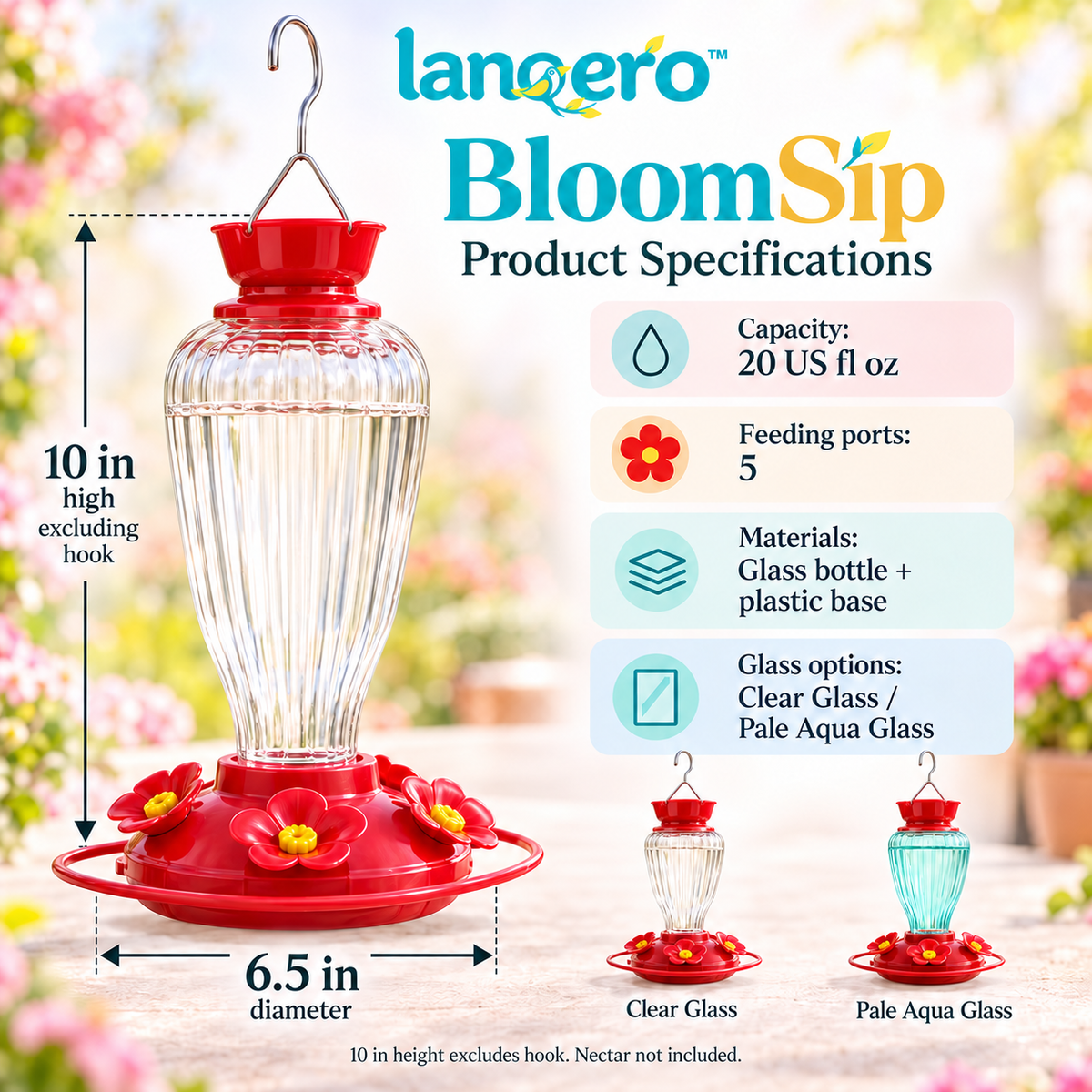 lanqero™ BloomSip Glass Hummingbird Feeder, 20 fl oz Nectar Capacity, 5 Flower Ports & Built-In Ant Moat