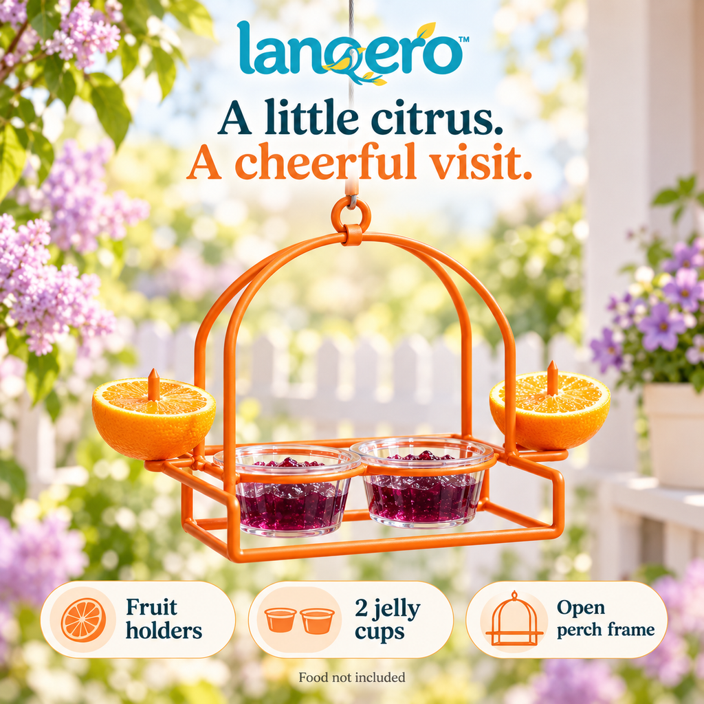 lanqero™ CitrusTable Oriole Feeder, Hanging Orange-Half Holder with 2 Removable Jelly Cups & Open Perch Frame