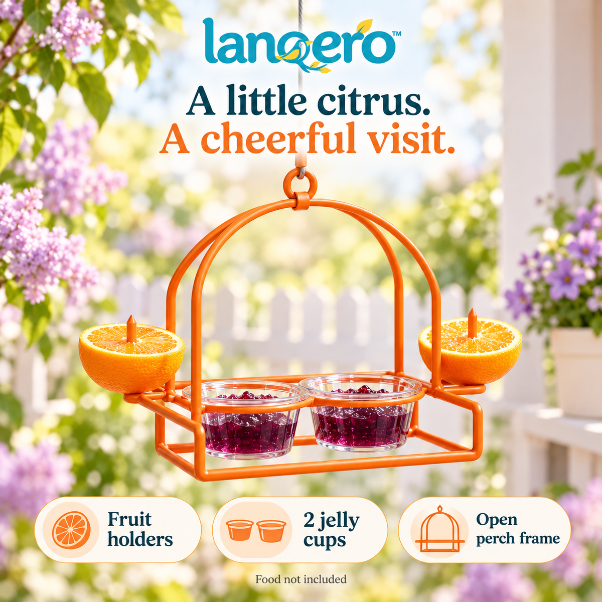 lanqero™ CitrusTable Oriole Feeder, Hanging Orange-Half Holder with 2 Removable Jelly Cups & Open Perch Frame