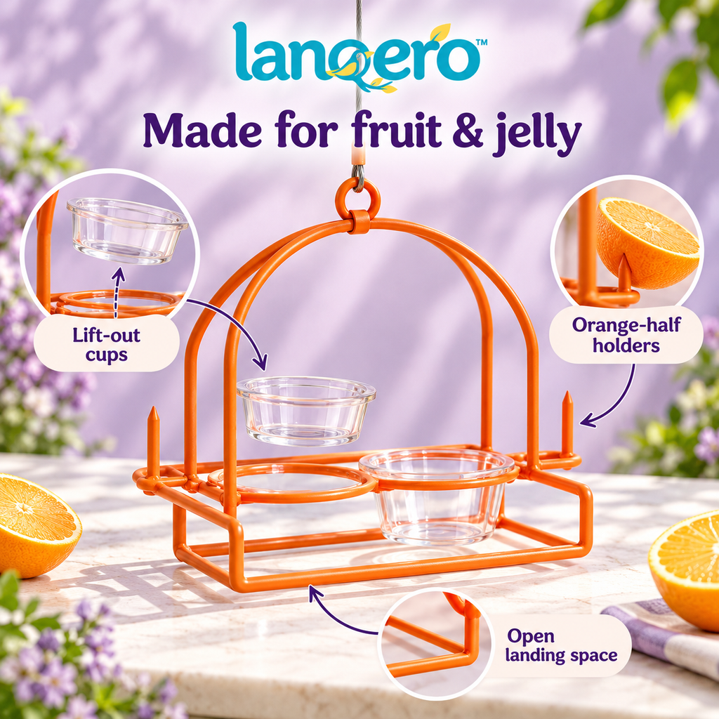lanqero™ CitrusTable Oriole Feeder, Hanging Orange-Half Holder with 2 Removable Jelly Cups & Open Perch Frame