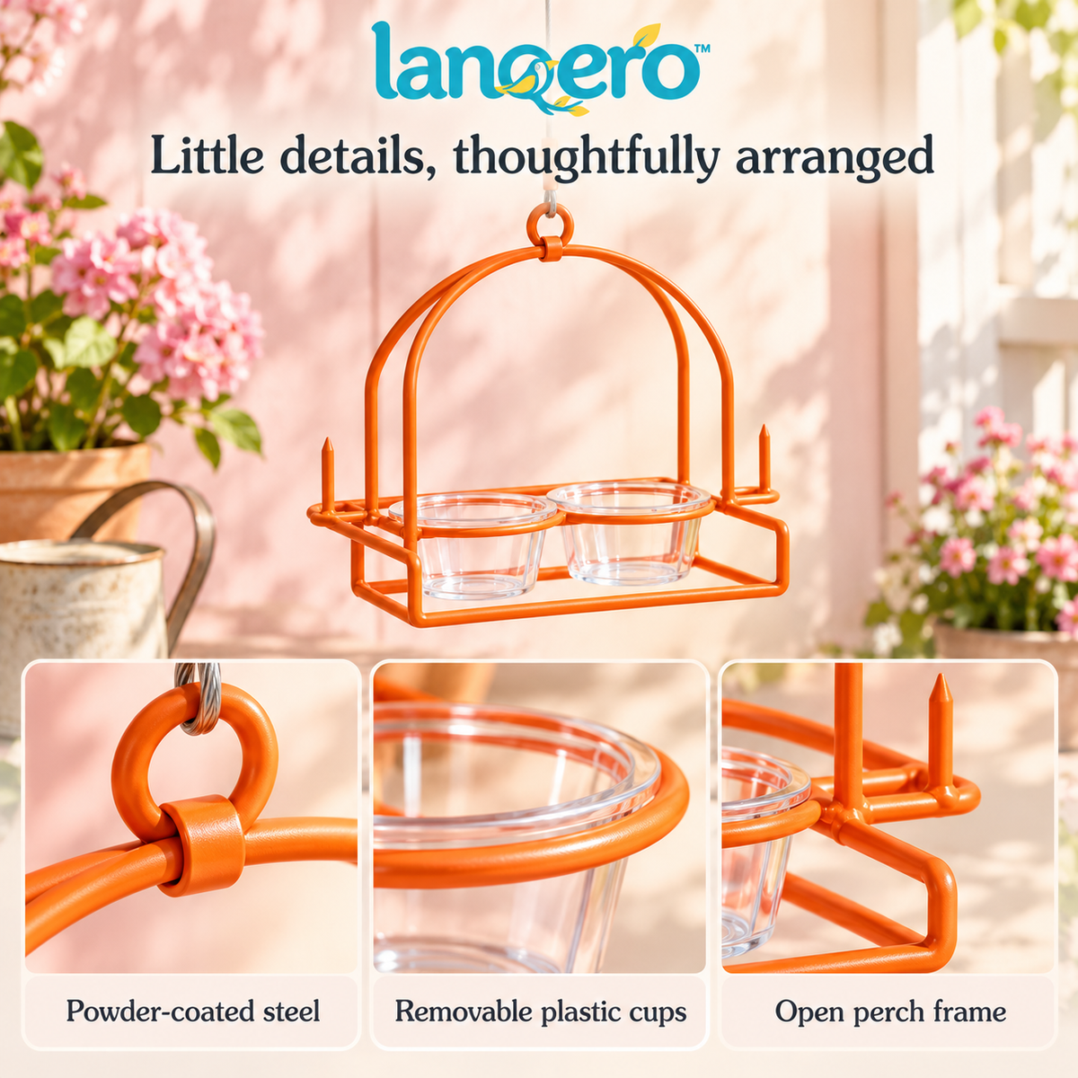 lanqero™ CitrusTable Oriole Feeder, Hanging Orange-Half Holder with 2 Removable Jelly Cups & Open Perch Frame