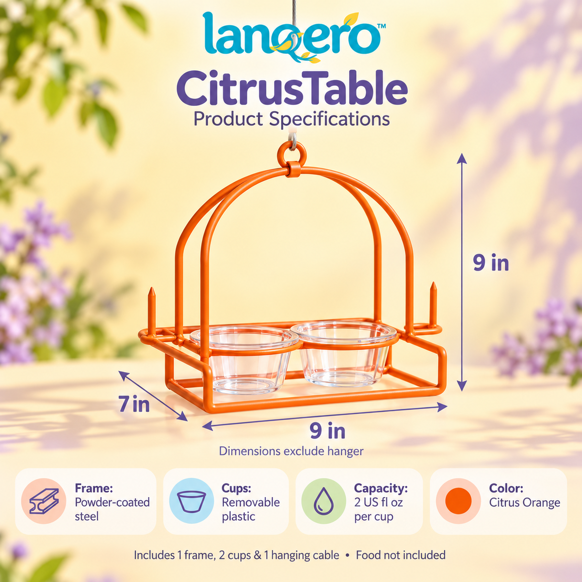 lanqero™ CitrusTable Oriole Feeder, Hanging Orange-Half Holder with 2 Removable Jelly Cups & Open Perch Frame