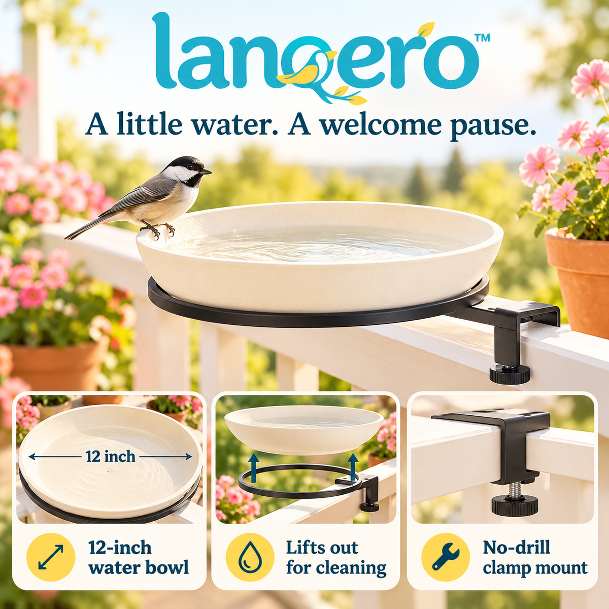lanqero™ RailRipple Deck-Mounted Bird Bath, 12-Inch Removable Water Bowl with Adjustable Railing Clamp