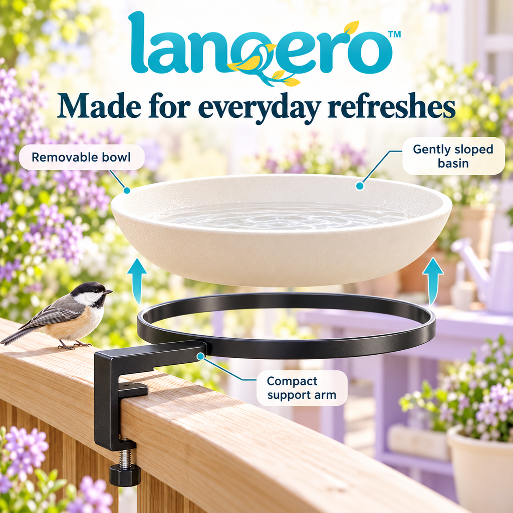 lanqero™ RailRipple Deck-Mounted Bird Bath, 12-Inch Removable Water Bowl with Adjustable Railing Clamp