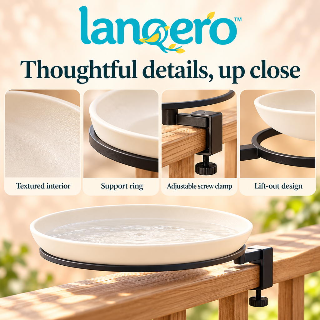 lanqero™ RailRipple Deck-Mounted Bird Bath, 12-Inch Removable Water Bowl with Adjustable Railing Clamp