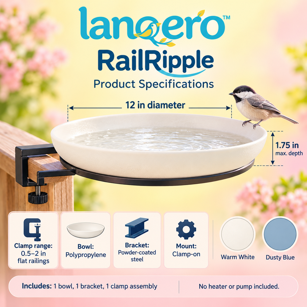 lanqero™ RailRipple Deck-Mounted Bird Bath, 12-Inch Removable Water Bowl with Adjustable Railing Clamp
