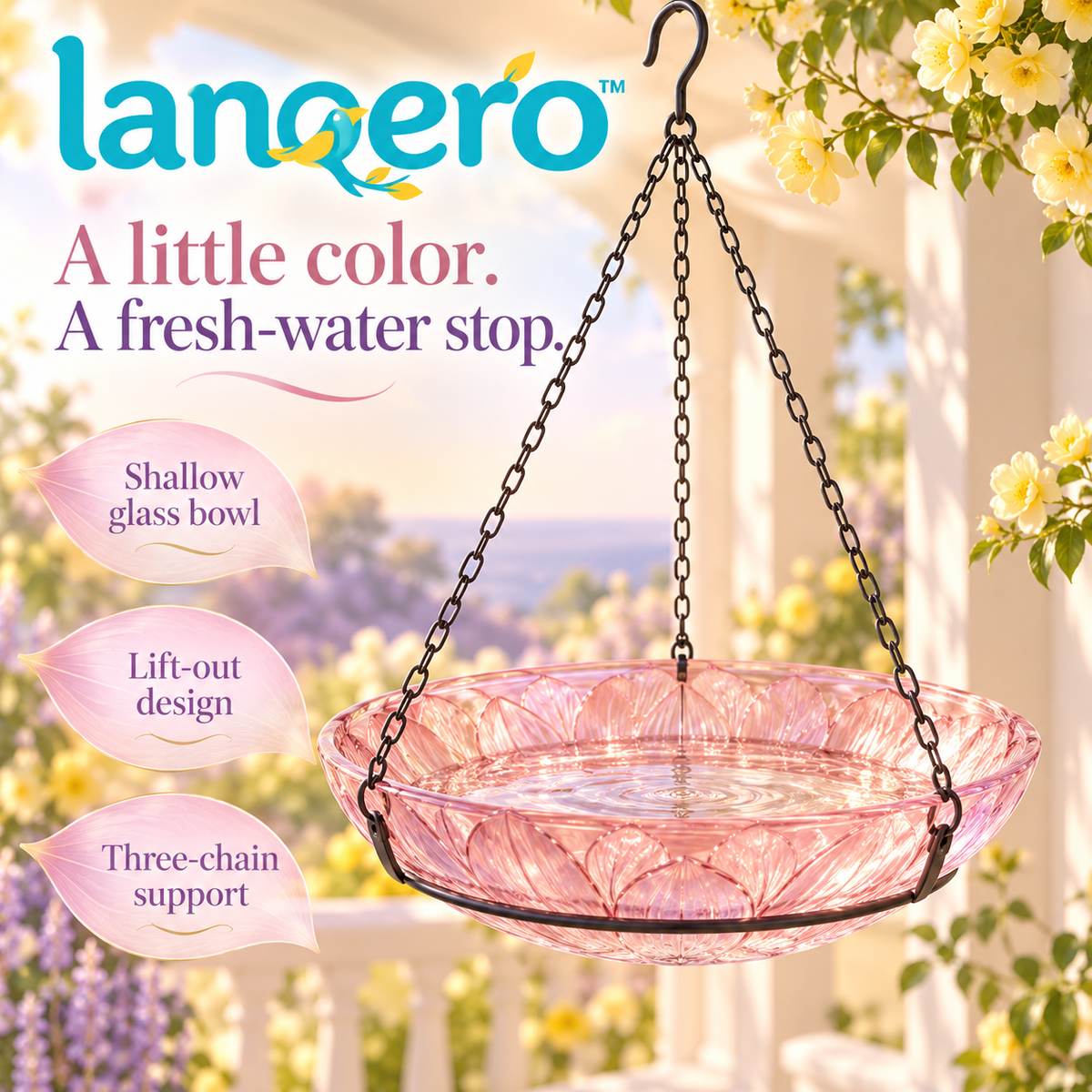 lanqero™ PetalPool Hanging Glass Bird Bath, 11-Inch Shallow Bowl with Embossed Floral Detail & 3-Chain Hanger