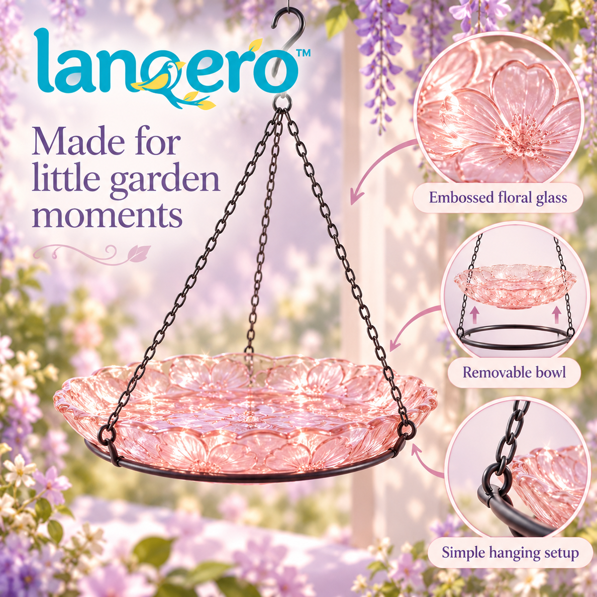lanqero™ PetalPool Hanging Glass Bird Bath, 11-Inch Shallow Bowl with Embossed Floral Detail & 3-Chain Hanger