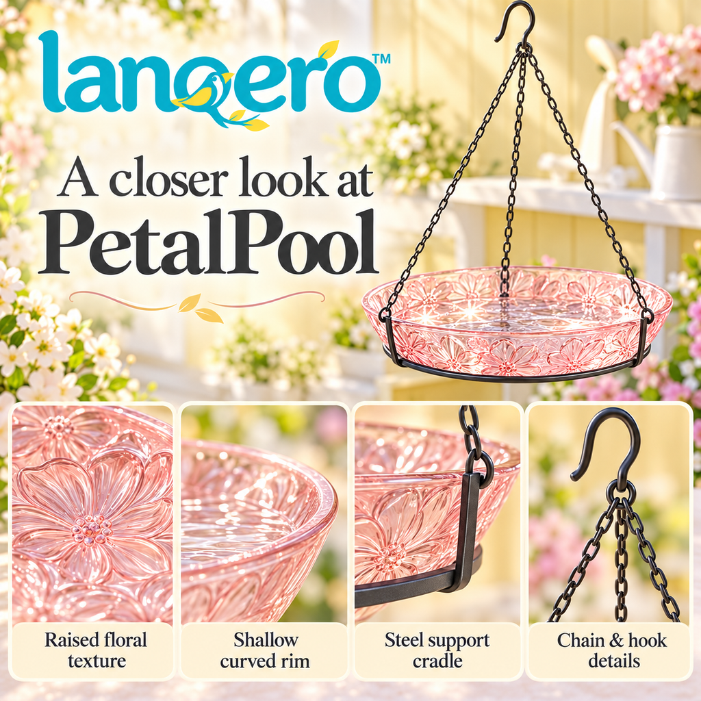 lanqero™ PetalPool Hanging Glass Bird Bath, 11-Inch Shallow Bowl with Embossed Floral Detail & 3-Chain Hanger