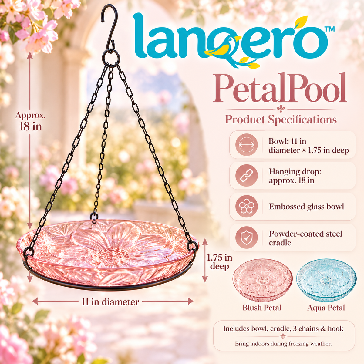 lanqero™ PetalPool Hanging Glass Bird Bath, 11-Inch Shallow Bowl with Embossed Floral Detail & 3-Chain Hanger