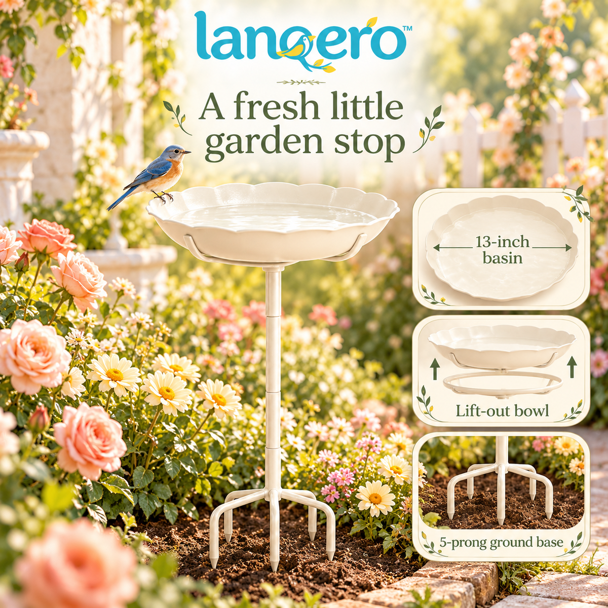 lanqero™ MeadowDish Ground-Stake Bird Bath, 13-Inch Removable Basin with 5-Prong Garden Base, 30-Inch Overall Height