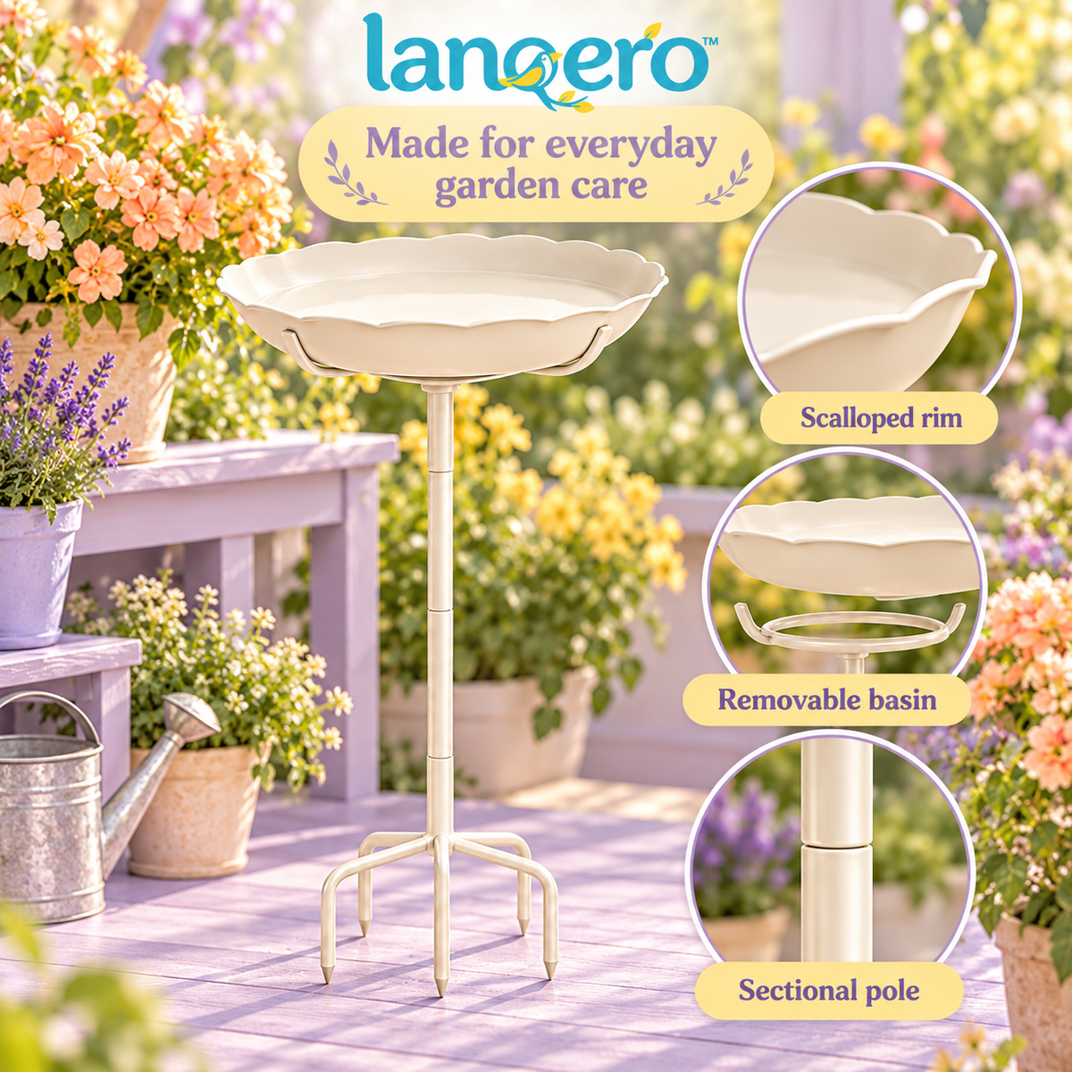 lanqero™ MeadowDish Ground-Stake Bird Bath, 13-Inch Removable Basin with 5-Prong Garden Base, 30-Inch Overall Height