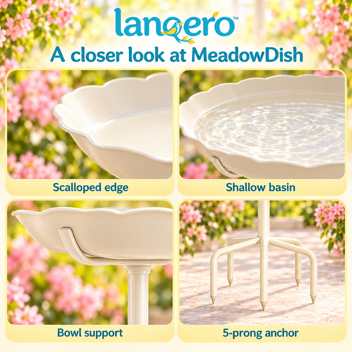 lanqero™ MeadowDish Ground-Stake Bird Bath, 13-Inch Removable Basin with 5-Prong Garden Base, 30-Inch Overall Height