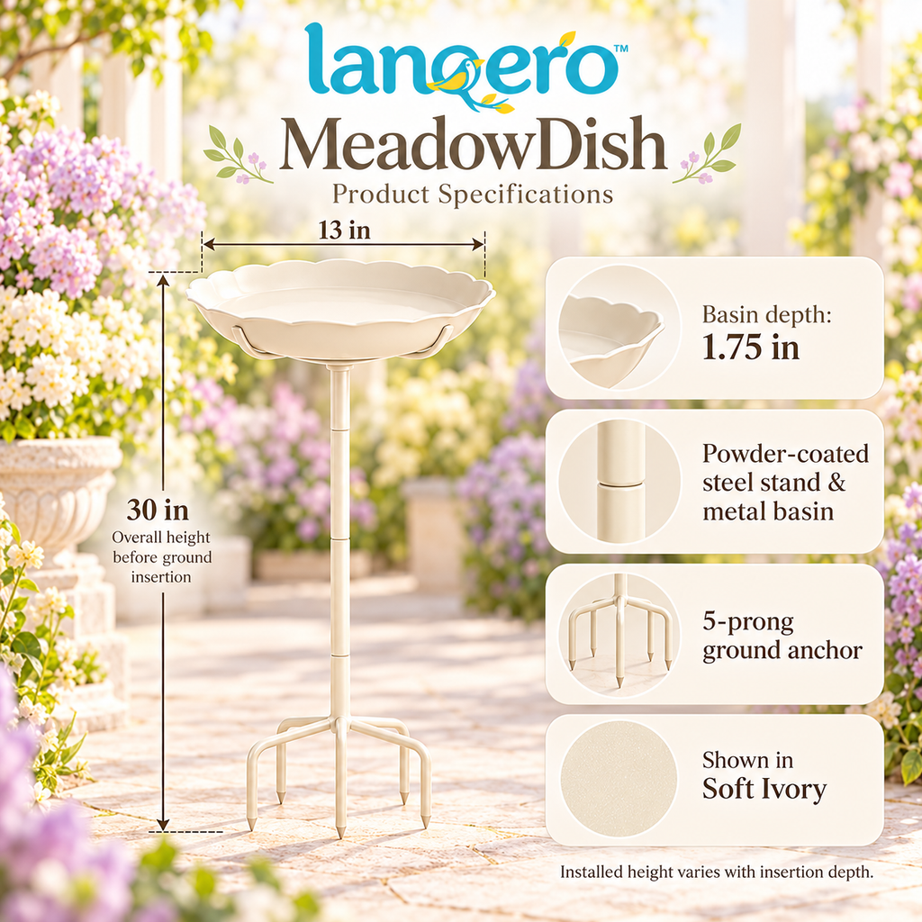 lanqero™ MeadowDish Ground-Stake Bird Bath, 13-Inch Removable Basin with 5-Prong Garden Base, 30-Inch Overall Height