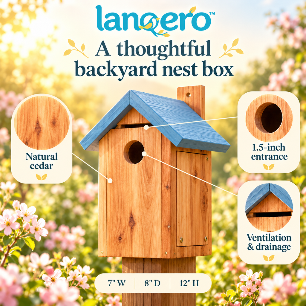 lanqero™ FieldGable Cedar Bluebird House, 1.5-Inch Entrance Nest Box with Ventilation, Drainage & Side Cleanout