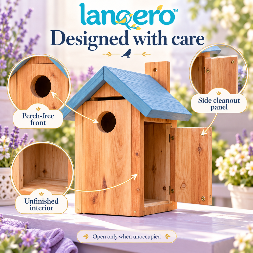 lanqero™ FieldGable Cedar Bluebird House, 1.5-Inch Entrance Nest Box with Ventilation, Drainage & Side Cleanout