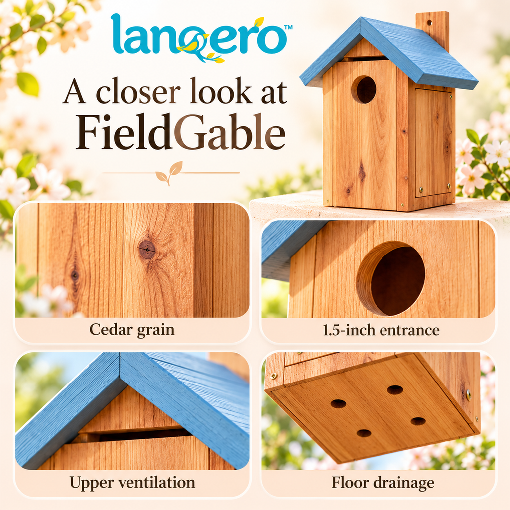 lanqero™ FieldGable Cedar Bluebird House, 1.5-Inch Entrance Nest Box with Ventilation, Drainage & Side Cleanout