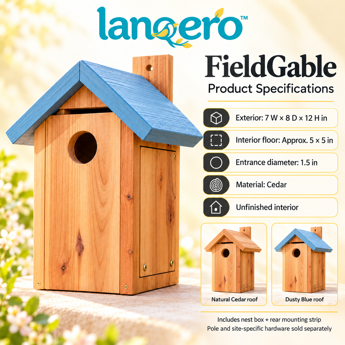 lanqero™ FieldGable Cedar Bluebird House, 1.5-Inch Entrance Nest Box with Ventilation, Drainage & Side Cleanout
