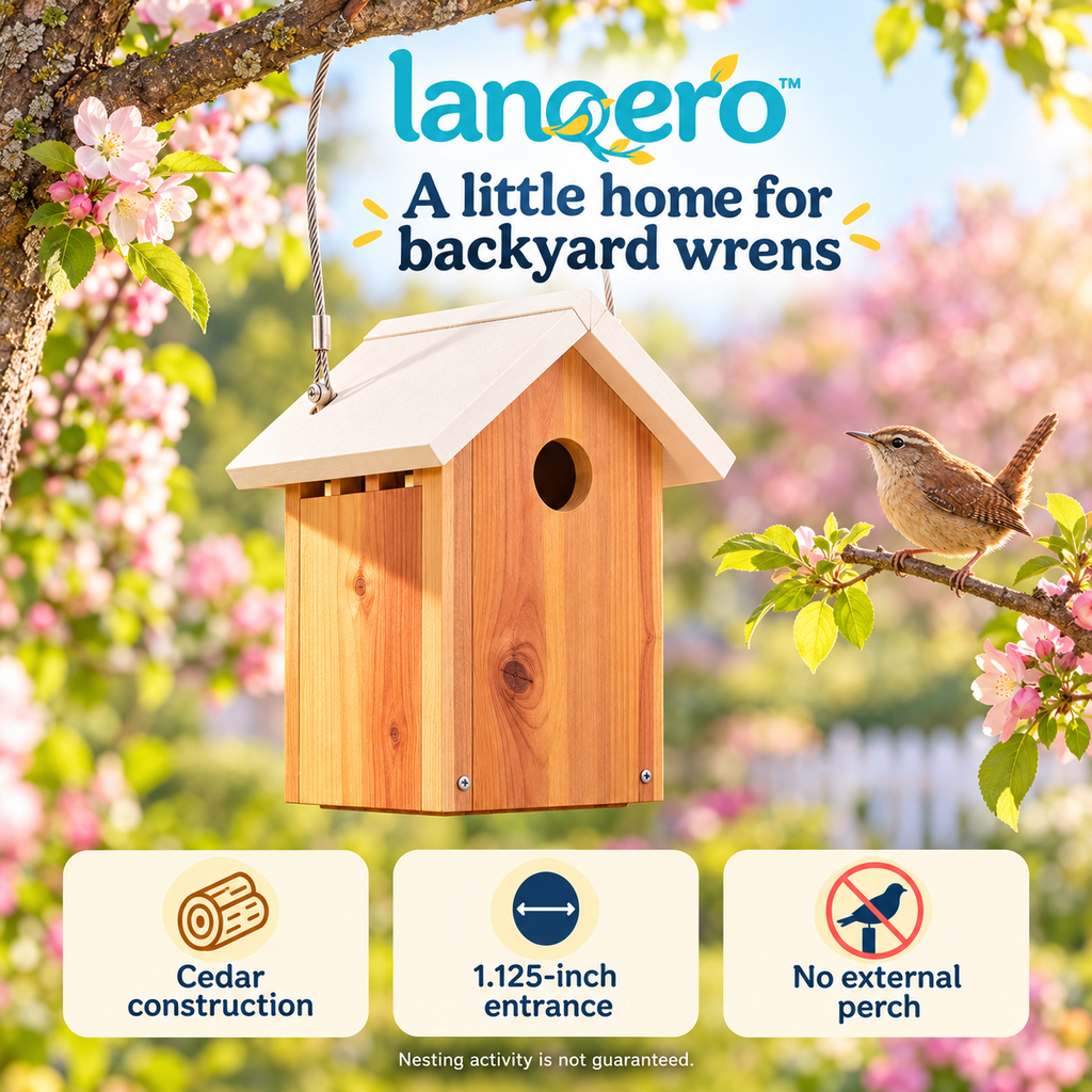 lanqero™ LittlePitch Wren Birdhouse, Cedar Hanging Nest Box with 1.125-Inch Entrance & Bottom Cleanout