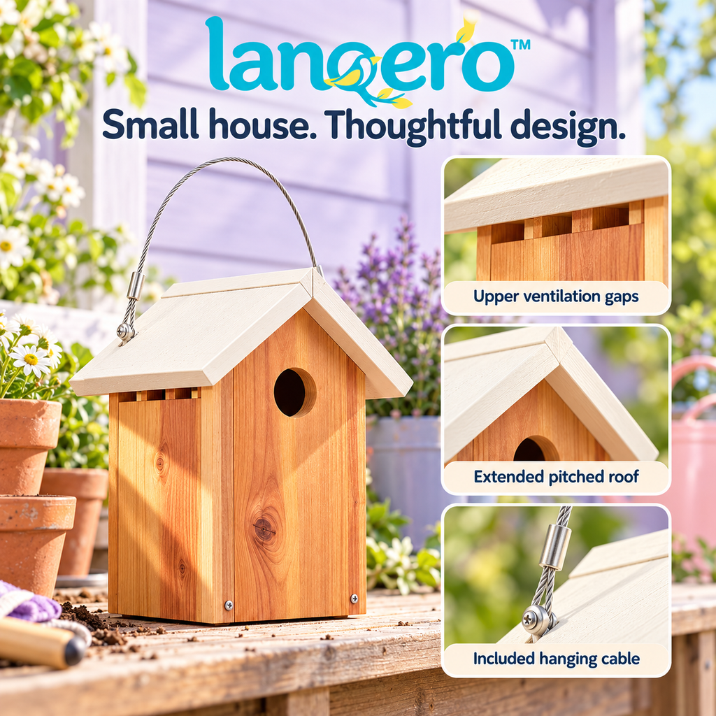 lanqero™ LittlePitch Wren Birdhouse, Cedar Hanging Nest Box with 1.125-Inch Entrance & Bottom Cleanout