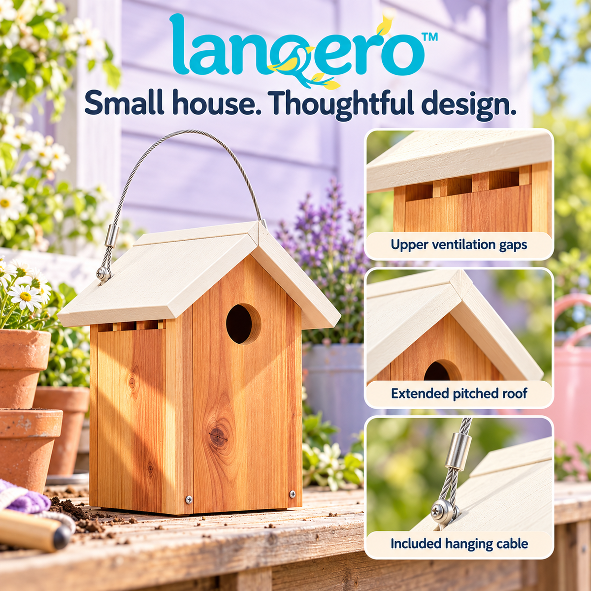 lanqero™ LittlePitch Wren Birdhouse, Cedar Hanging Nest Box with 1.125-Inch Entrance & Bottom Cleanout