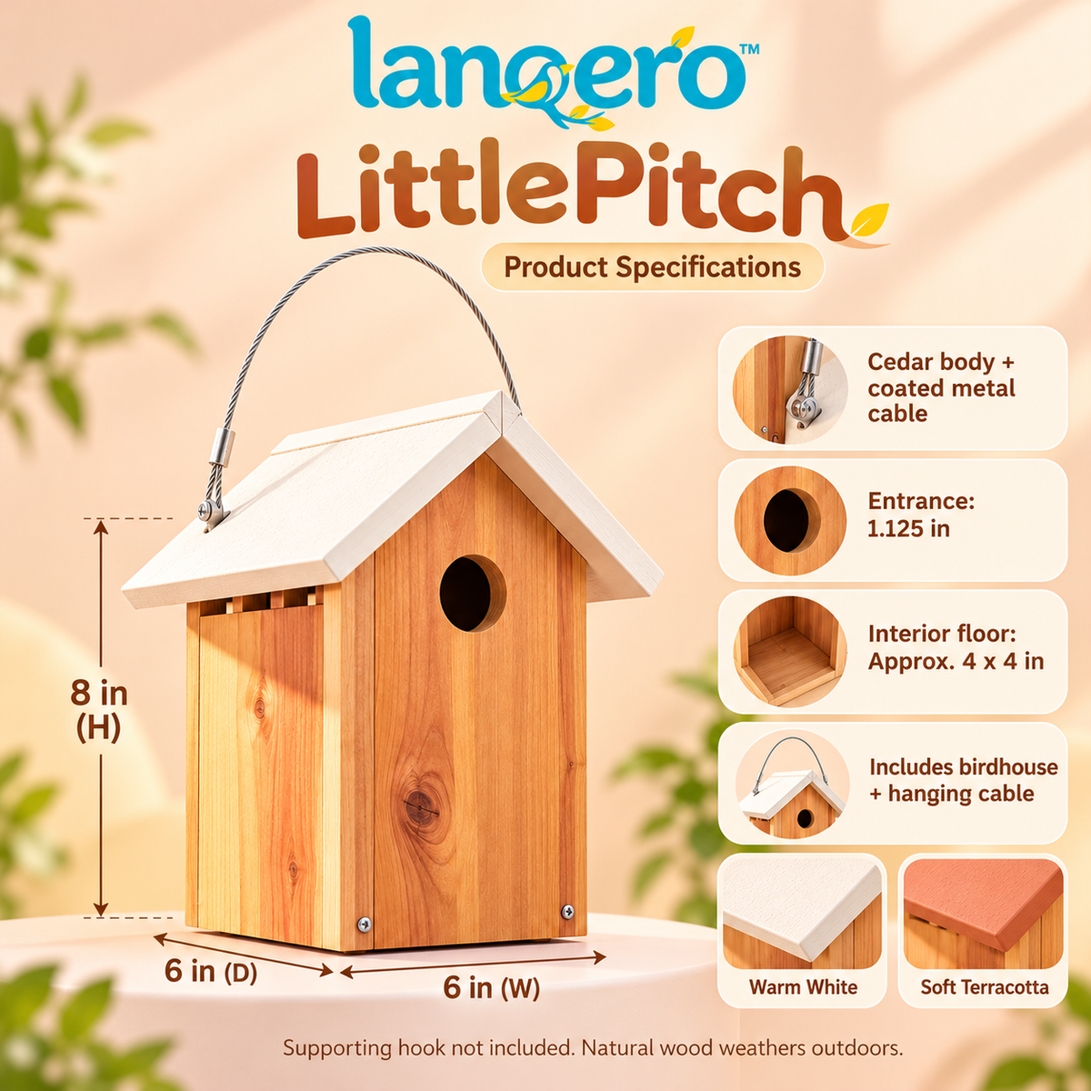 lanqero™ LittlePitch Wren Birdhouse, Cedar Hanging Nest Box with 1.125-Inch Entrance & Bottom Cleanout