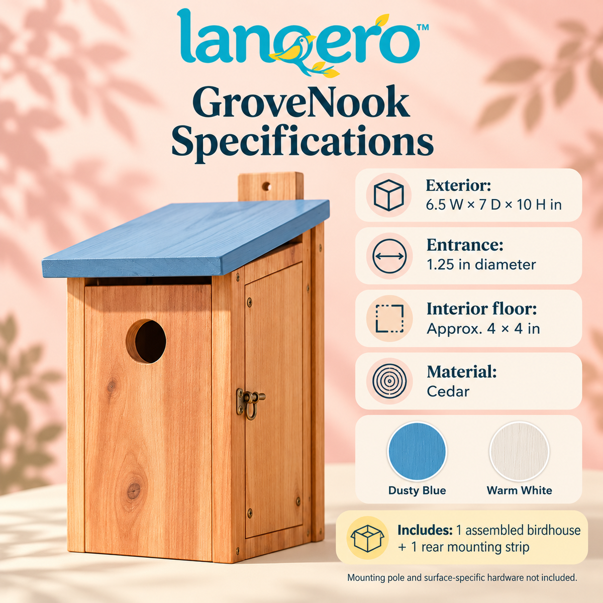 lanqero™ GroveNook Chickadee Birdhouse, 1.25-Inch Entrance Cedar Nest Box with Sloped Roof & Side-Opening Panel