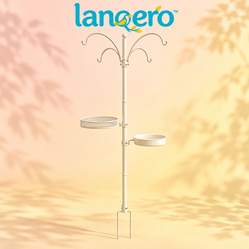 lanqero™ YardGather Bird Feeding Station, 85-Inch Steel Pole with 4 Hanging Hooks, Mesh Seed Tray & Removable Water Dish