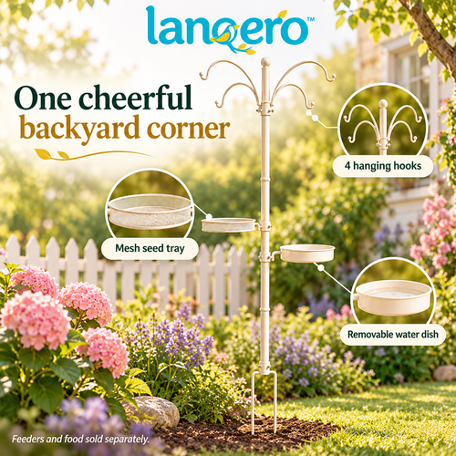 lanqero™ YardGather Bird Feeding Station, 85-Inch Steel Pole with 4 Hanging Hooks, Mesh Seed Tray & Removable Water Dish