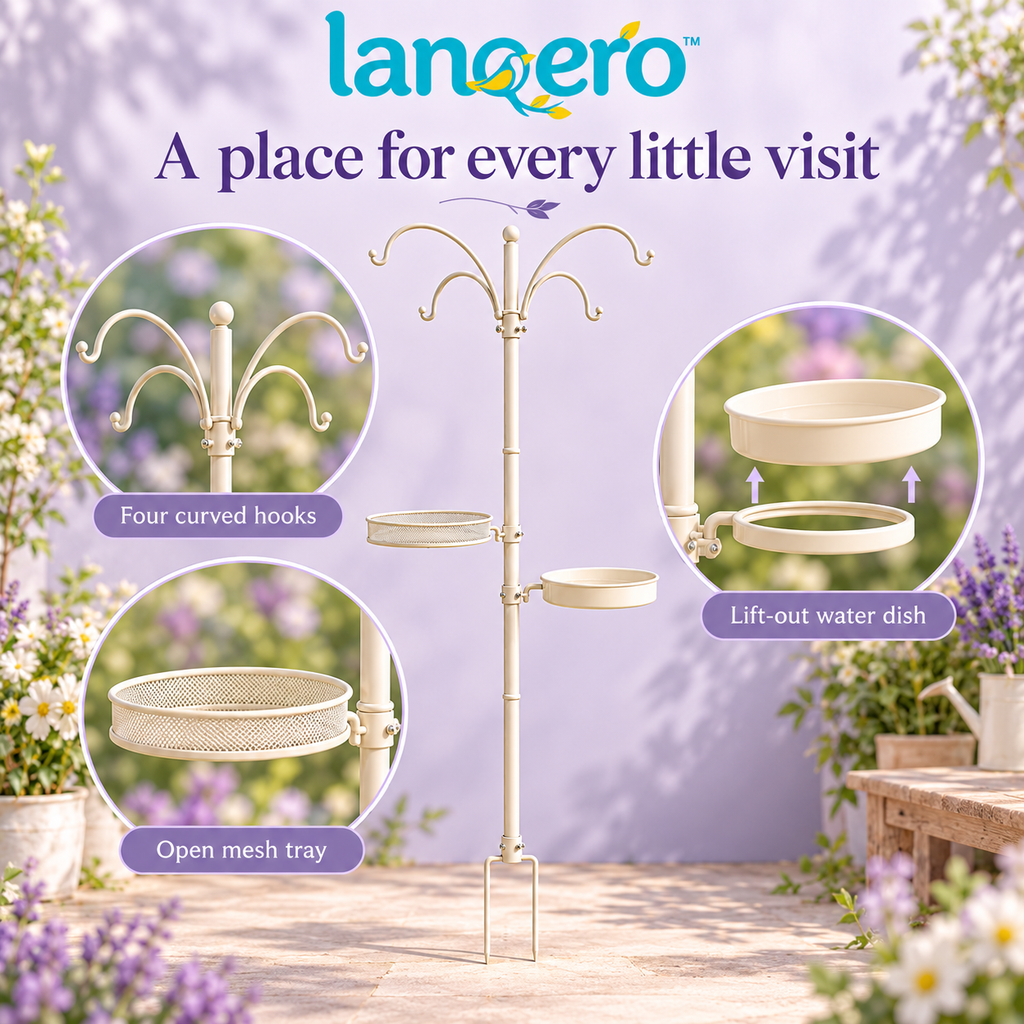 lanqero™ YardGather Bird Feeding Station, 85-Inch Steel Pole with 4 Hanging Hooks, Mesh Seed Tray & Removable Water Dish